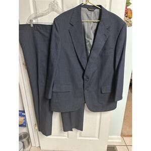 VNT 70s Harmony Mens Wool 2 Pc Striped Business Suit USA Blue Gray 48pr 44x28 XL